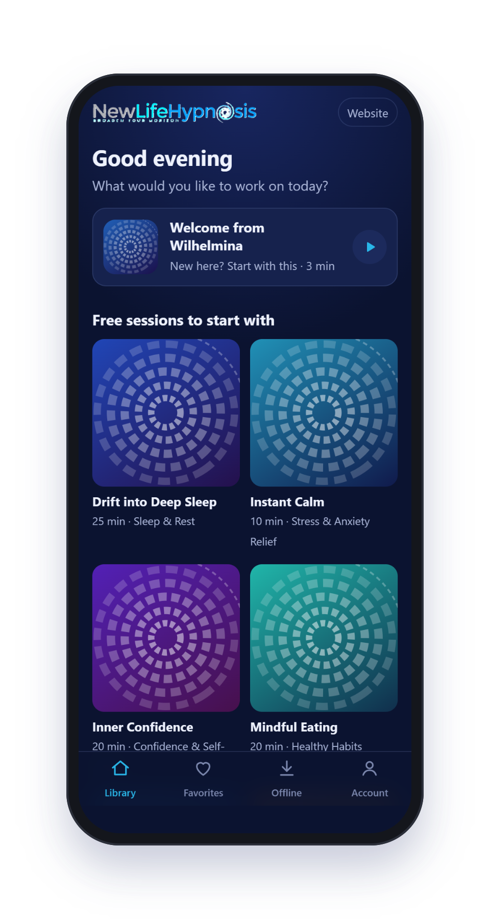 The New Life Hypnosis App on a phone, showing the welcome session and free sessions